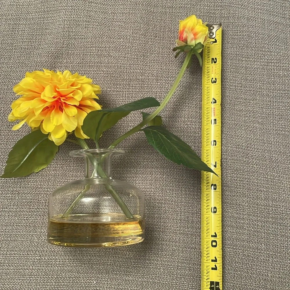 Faux Artificial Flower Arrangement Yellow Dahlia Stems Clear Glass Vase Resin